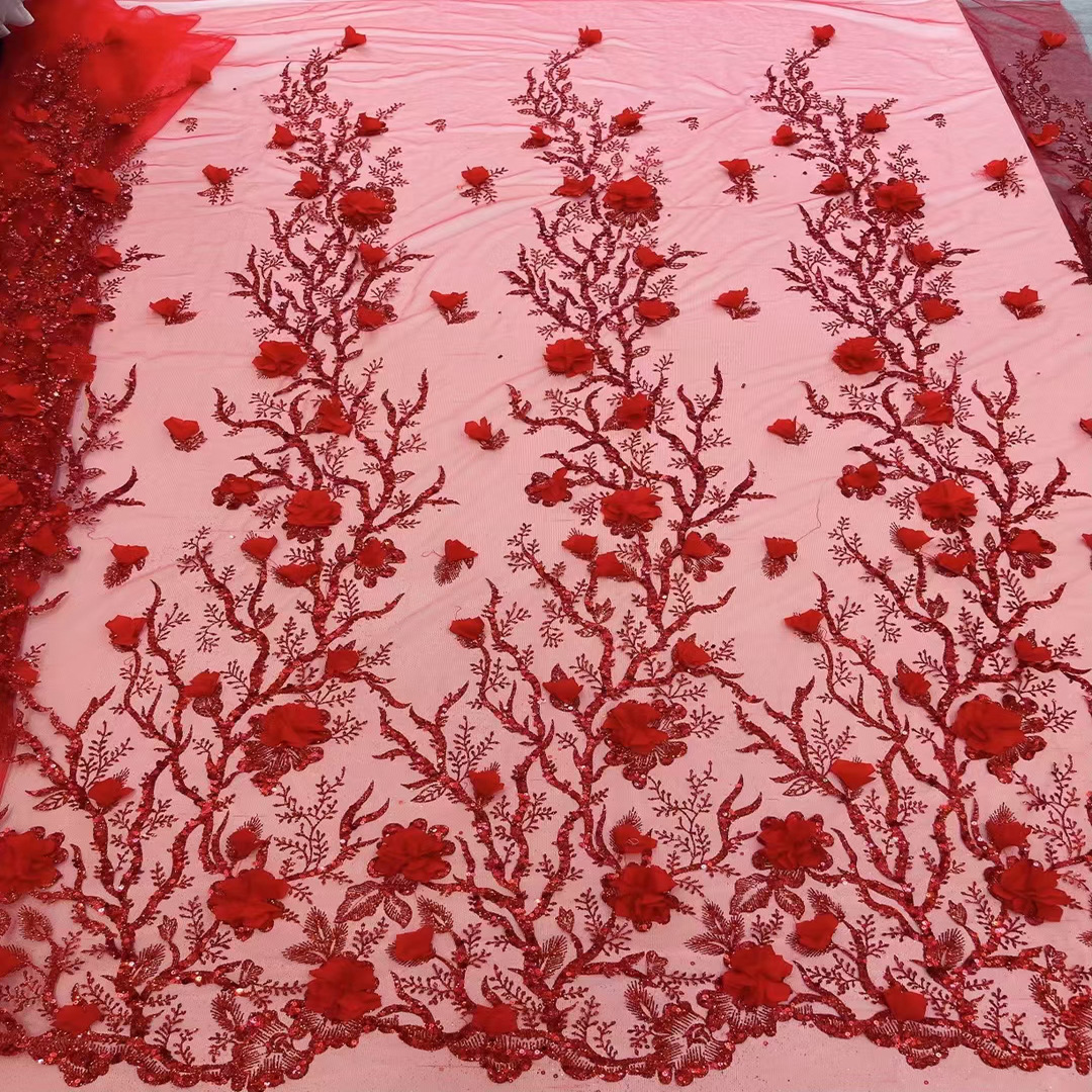 Bead Lace 2024 Mesh 3d Embroidered Applique Flower Embroidery Tulle Fabric